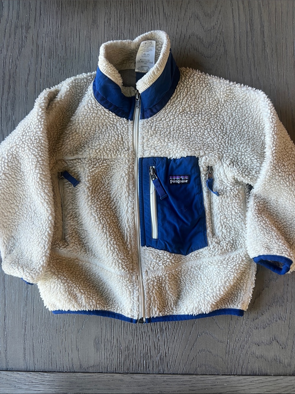Patagonia Kids Cream Sherpa Jacket with Blue Accents